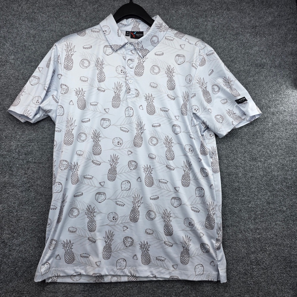 Yatta Golf Mens Medium White Pineapple Coconut Tropical Performance Polo Shirt